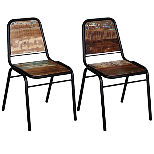 FWIKDUN Lot de 2 chaises de salle à manger en bois massif de style vintage avec structure en acier et aspect vieilli, robustes en bois recyclé au design...