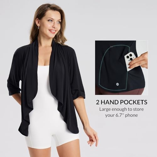 Baleaf Women'S Lightweight Cardigans Open Front 3/4 Sleeve Soft Long Cardigan Breathable Thin For Summer And Fall Kimono Dressy Black M thumb #2