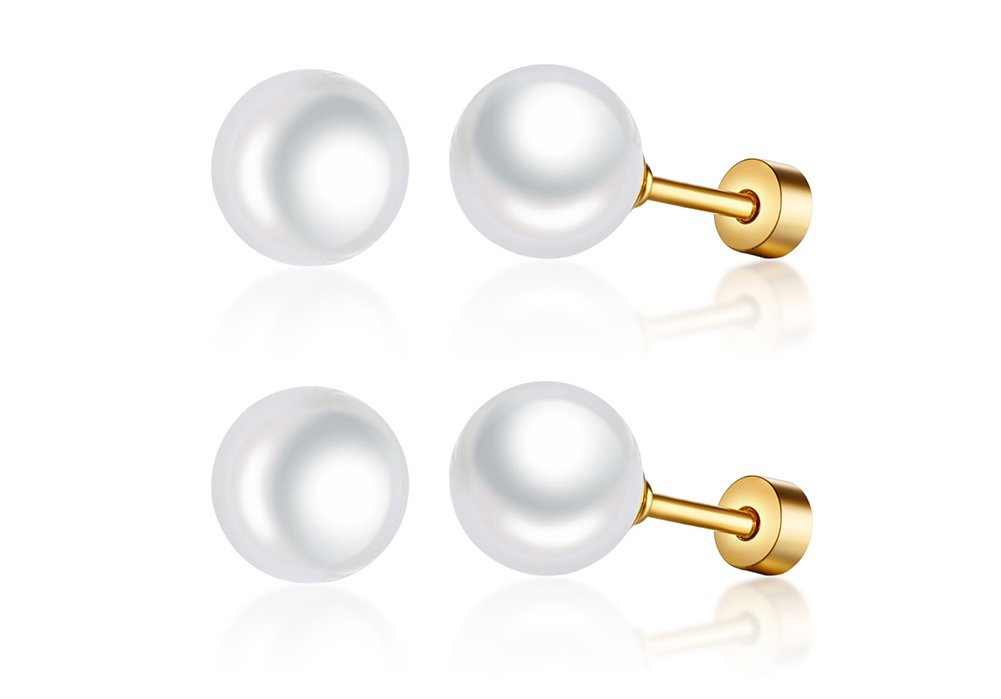 MEALGUET2 Pairs White Simulated Freshwater Pearl Hypoallergenic Stud Earrings Jewelry for Women Girl,Screw Back