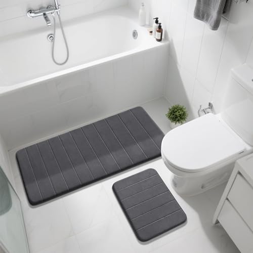 Image of Yimobra 2 Pieces Memory Foam Bath Mat Sets, 17x24+44.1x24 Inches for Bathroom Rugs, Toilet Mats, Non-Slip, Soft Comfortable, Water Absorption, Machine Washable, Dark Gray