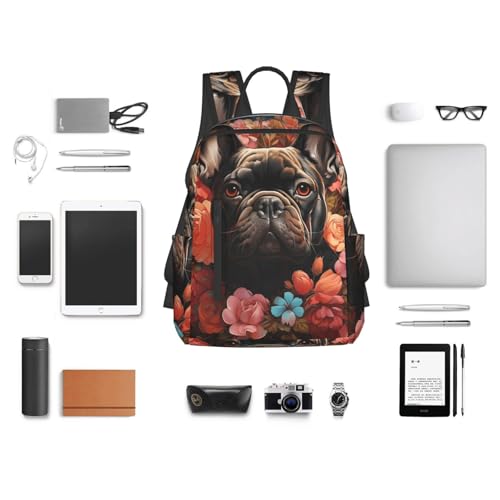 Backpack 14.7 inch Lightweight Large Bookbag Bulldog and Flowers Daypack for Travel Office Work4