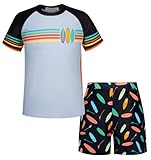 GRACE KARIN Boys Bathing Suit Set - Swim Trunks and Short Sleeve Rash Guard Swimwear Size 7-8 Surfboard