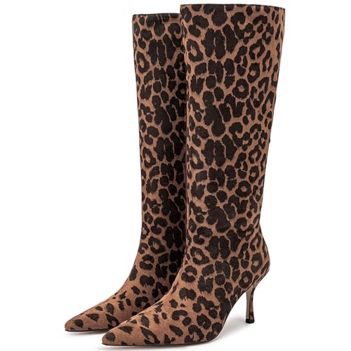 YIYA Women's Leopard Print Kitten Heel Knee High Boots Wide Calf Sexy Pointed Toe Stiletto Mid Heel Dress Party Fashion Long Boots with Side Zipper
