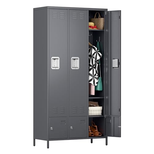 Metal Storage Locker with 3 Big Doors & 3 Small Doors, Lockers for Employees with Hooks for School Garage Office Gym Bedroom,Assembly Required,Dark Grey