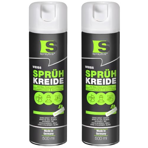 Spraytive 2 x 500 ml spray de tiza blanca – Pintura de tiza luminosa lavable para exteriores, pintura de tiza exterior, marcador temporal, spray de pintura para asfalto, hierba, hormigón