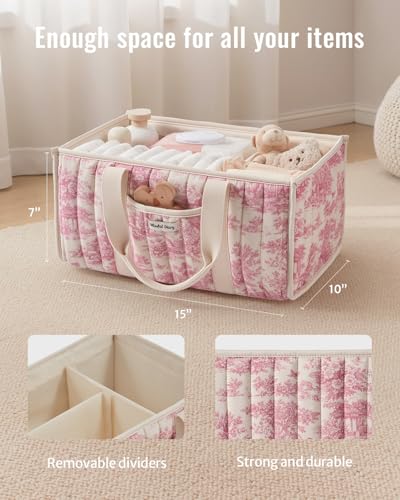 Image of Blissful Diary Toile Diaper Caddy Organizer, Stylish Nursery Storage Basket, Gift for Baby Shower, Newborn Essentials, Registry Search Must Haves, Pink Toile