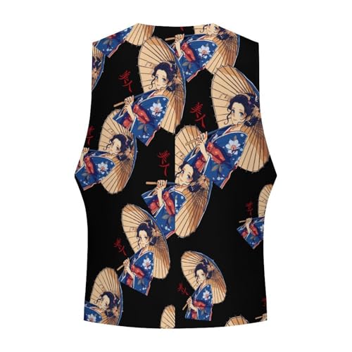 Japanese Cute Geisha Girl Men's Suit Vest Waistcoat Vests Formal Dress with 2 Pockets for Business Casual Tuxedo4