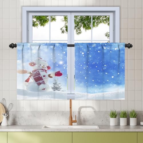 Renaiss 26 x 24 Inch Winter Snowman Bathroom Curtains for Cafe Kitchen Short Tier Curtains Blue Sky Snowflakes Window Treatment Tiers Cabinet Basement Blackout Linen Curtains with Rod Pocket 2 Panels