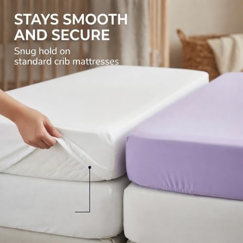 Image of Everyday Kids 2-Pack Fitted Crib Sheets, 100% Soft Breathable Microfiber Baby Sheet, Fits Standard Size Crib Mattress 28in x 52in, White Nursery Sheet and Lavender Nursery Sheet