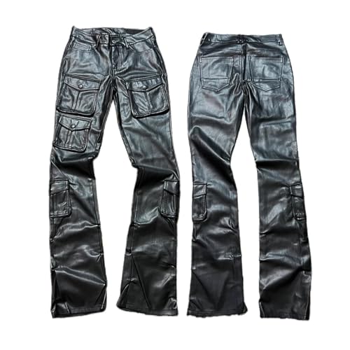 UIOKLMJH Men Soft Flat Pu Leather Cargo Pants Men Many Pockets Streetwear Button Fly Trousers3