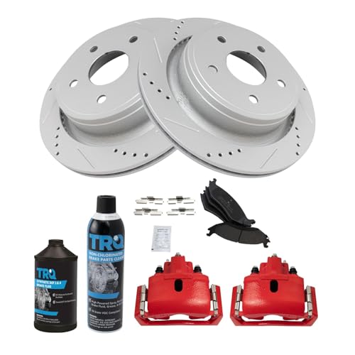 Image of TRQ Performance Rear Performance Brake Pad & Rotor Kit Semi-Metallic Premium G-Coated Slotted X Drilled Compatible with 11-18 1500 07-09 Aspen 04-09 Durango 02-10 Ram 1500