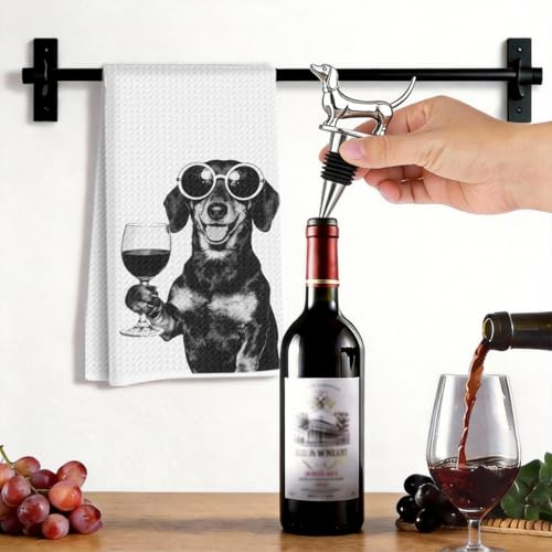 Image of Funny Dachshund Wine Kitchen Towels with Wine Bottle Stopper 24x14 Inch, Dachshund Gifts Reusable Dish Towels for Kitchen Bars Decor, Weiner Dog Gifts for Women Men Christmas Birthday Gift