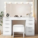 YITAHOME Vanity Table with LED Mirror, 11 Drawer Makeup Desk with Charging Ports, 3 Light Settings & Comfortable Stool