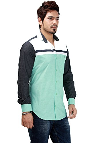 Image of Rapphael Men's Plain Slim Fit Casual Shirt (RPL-00094A-L Green&White)