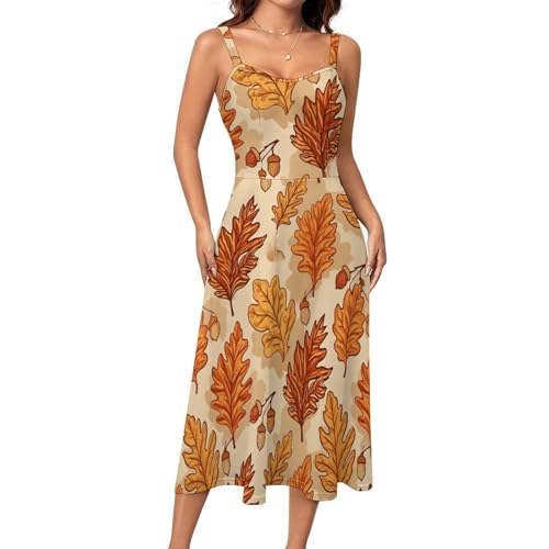 Women's Oak Acorn Autumn Leaves Dress Elegant Spaghetti Strap Dresses Loose Flowy Breathable Comfy Chiffon Dress for Party Gathering 3X-Large