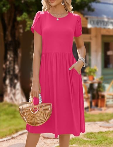 Image of HOTOUCH Women's Summer A-Line Midi Dresses 2026 Casual Floral Short Sleeve T-Shirt Dress Flowy Beach Sundress with Pockets