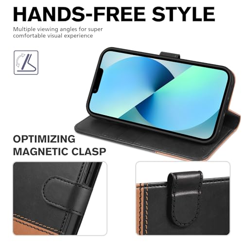 Image of TUCCH Wallet Case for iPhone 13 (6.1 inch) 2021, 3 Card Slots, Black & Brown | RFID Blocking, Viewing Stand, Shockproof TPU Shell, PU Leather, Magnetic Closure, Protective Folio Flip Cover