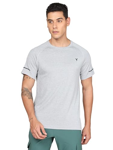 Image of TECHNOSPORT Men's Melange Slim Fit Round Neck T-Shirt Double Cool Raglan Sleeve Slip On Polyester for Gym Running Workout UPF50+ Anti Odour