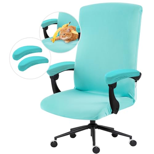 Image of Stretch Computer Office Chair Cover with Armrest Covers Durable Zipper Universal Washable Removable Spandex Rotating Boss Chair Slipcovers Anti-dust Soft Desk Chair Seat Protector, Tifanny Blue