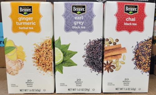 Benner Tea Co Assorted Tea Bags Ginger Turmeric, Earl Grey, Chai (Three Boxes)