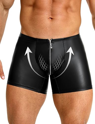 ohmydear Sexy Unterwäsche für Mann Herren Reizwäsche PU Leder Boxershorts mit Reißverschluss Erotisch Männer Dessous Wetlook Unterhosen Clubwear Gay Sissy Höschen Schwarz