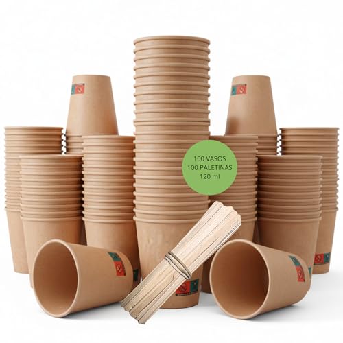 GASTROTOMI Vasos Cafe de 120 ml, con Paletinas Cafe Desechables de Madera – 100 Unidades Vasos Desechables para Espresso, Degustaciones y Oficina – Vasos Carton Kraft – Pack de 100 o 200