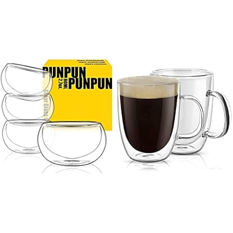 PunPun Bundle: 17oz Large Clear Coffee Mugs (set of 2) & 2.7oz Tea Cups (set of 2) Unique Glass Coffee Cups Espresso Cups Cover