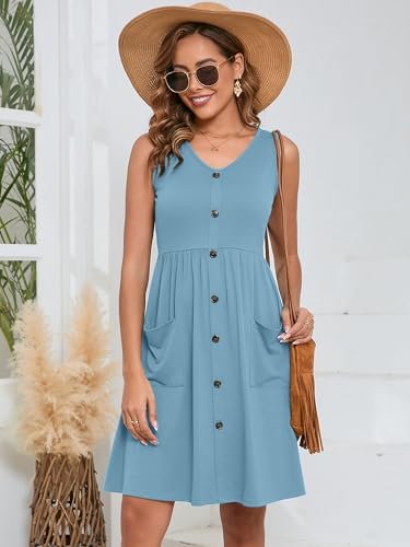 Image of Heymoments Women's Summer Dresses Sleeveless Casual Fashion Loose Swing Button Down Beach Dress with Pockets