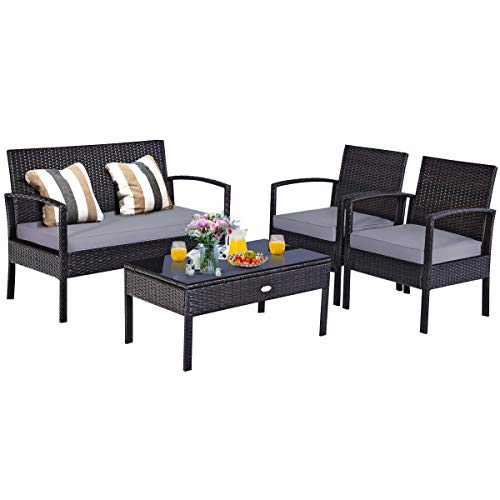 Image of Carry Bird 4 Piece PE Wicker Rattan Outdoor Furniture | 4 Seater Balcony Sofa With Tea Table | Set of 2+1+1 Outdoor Patio Chairs with Coffee Table | Sofa Sets & Center Table for Home & Garden | 3 Piece Patio Stools with Table | Indoor Patio Furniture Set Space Saving | Rattan Chair | Patio Set | Wicker Conversation Set | Poolside Lawn Arm Chairs Set For Balcony & Terrace | Balcony Table chair Set | Hotel Patio Seating Chair & Table Set with Glass | Brown Sofa Grey Cushion