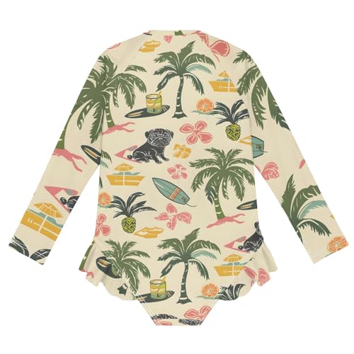 Girls One Piece Swimsuits Long Sleeve Swimsuit Zipper Bathing Suits Black Pug Palm Tree Plant2