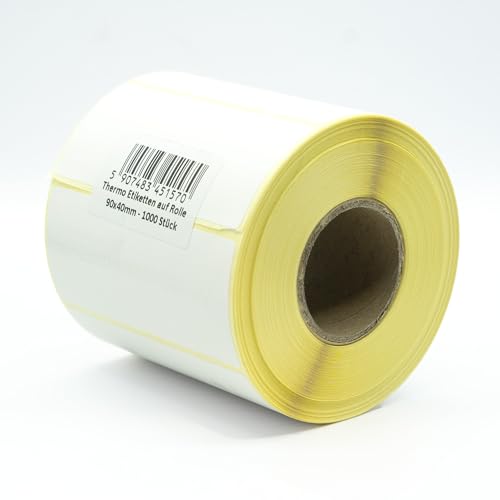 MD Labels - Etiquetas térmicas blancas en rollo de 90 x 40 mm, 1000 unidades, adhesivo permanente, para código de barras, etiquetas adhesivas blancas para escribir