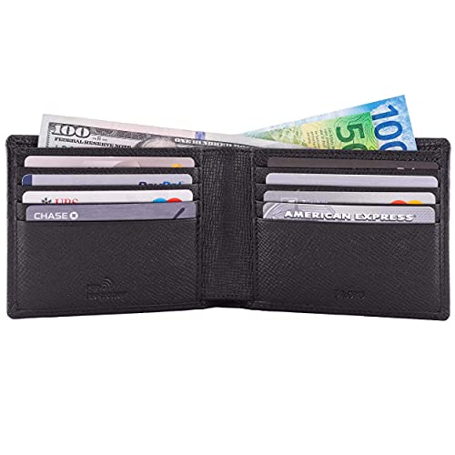 Mens Wallet Full Grain Genuine Leather Slim Minimalist Front Pocket Bifold Soft Nappa RFID Protection (Saffiano Black)2