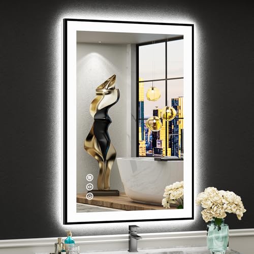 Image of 24x36 Black Framed LED Bathroom Mirror with Lights, Backlit and Front Lit Anti-Fog Lighted Vanity Mirror for Bathroom Wall, Dimmable, 3 Colors, Memory, Shatter-Proof, HD Tempered Glass, CRI 95