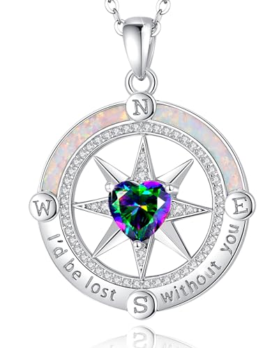 FANCIME Collar de brújula para mujer, plata de ley, brújula, joyería con colgante de ópalo, joyería fina, piedras preciosas, cumpleaños, día de la madre, regalos para esposa y mujer, Plata esterlina