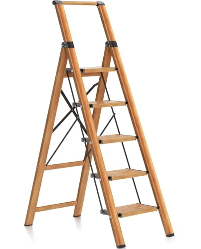 CREVICOSTA QUALITY MARK MARCAS DE CALIDAD - Escalera Gaia - Escalera domestica de Aluminio con Mango. 5 peldaños (Madera)