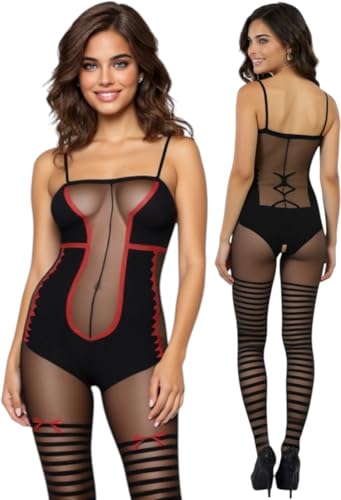 Image of ToBeInStyle Women's Assorted Bodystocking Sheer Opaque or Fishnet Crotchless Lingerie Bodysuit