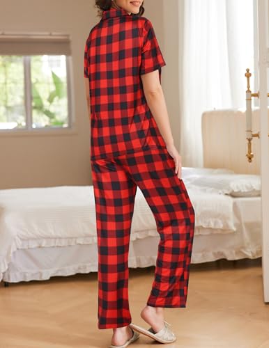 Image of Ekouaer Womens Pajamas Set Print PJs Soft Button Down Sleepwear Short Sleeve Lounge Set with Pockets