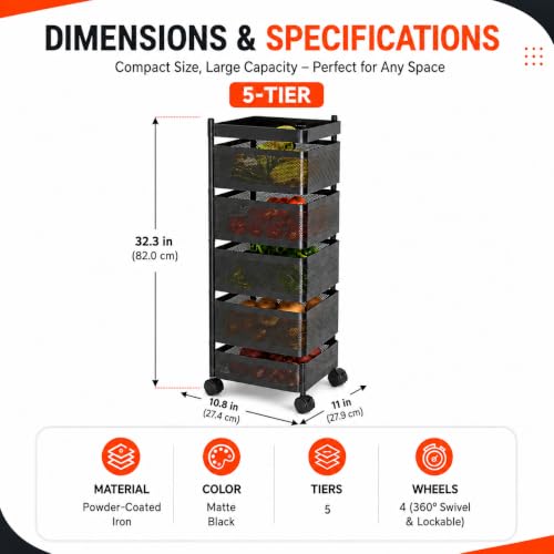 Image of Homeor 5 Layer Kitchen Trolley with Wheels | 360 Rotating Metal Storage Rack for Vegetables, Fruits, Onion & Spices | Square Multipurpose Kitchen Organizer Stand | Metal Kitchen Trolley, Matte Black
