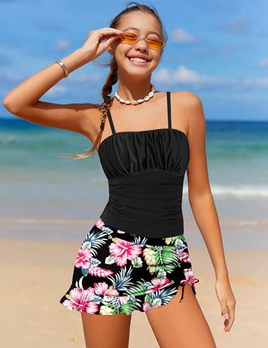 Image of Girls Tankini Swimsuits Size 10-12 Two Piece Gingham Bathing Suit for Girls Drawstring Bikini Set Adjustable Straps Pad Swimwear Black Floral 11-12 Years