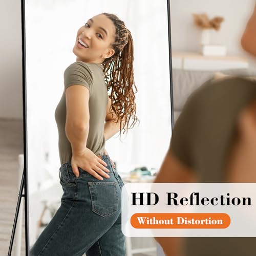 DUMOS Full Length Mirror with Stand 64"x21" Floor Standing Aluminum Frame for Bedroom Body Hanging Leaning Modern Simple Home Decor Shatter-proorf Nano Glass for Wall Living Room Cloakroom Black