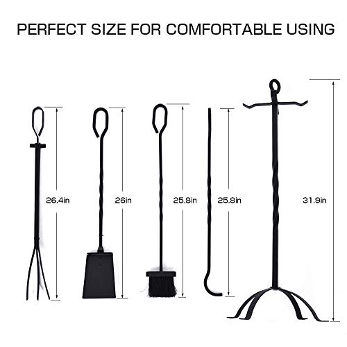 5-Piece Fireplace Tools Set 31’’, Heavy Duty Wrought Iron Fire Place Toolset With Poker, Shovel, Tongs, Brush, Stand For Outdoor Indoor Chimney, Hearth, Stove, Firepit-Easy To Assemble, Black #TOP3
