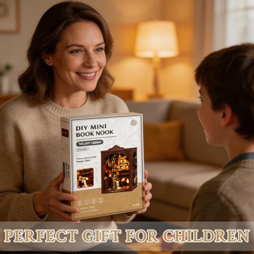 Image of PATPAT Book Nook Kit DIY Miniature House Kit with Vintage Fireplace, Bookshelves & Furnitur for Bookshelf Decoration & Creative Craft Assembly, Twilight Library Doll House Set for Kids 12*10.5*17.5cm