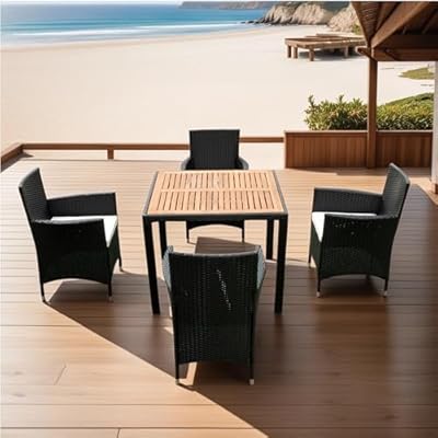 OFLILAK 5 Pieces Patio Furniture Set Wicker Rattan Chairs,Outdoor Sectional Furniture Set with Soft Cushions and Metal Table with Acacia Wood for Balcony,Backyard, Pool,Porch,Deck-Black+Creme Cushion