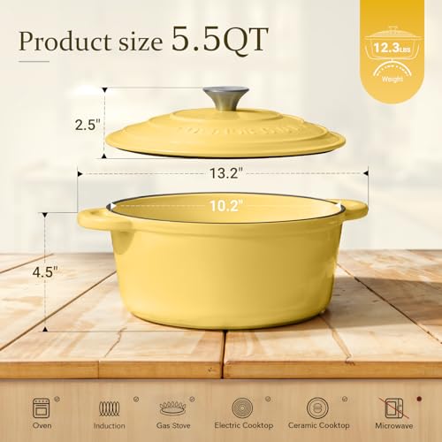 Overmont 26cm/5.2L Enamelled Cast Iron Round Casserole Dish With Lid,5.5QT, Cookbook -Non-stick Dutch Oven for Braising, Stews, Roasting, Bread Baking - Goose yellow