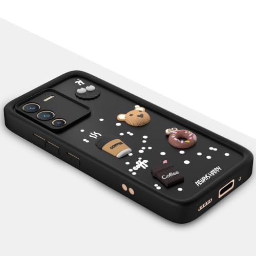 Image of Bintage Cute Fun Ball | Taddy Cartoon 3D Smiley Coffee Cup | Milk Donut | Full Protection Rubber Back Cover Compatible for Vivo V2158 / Vivo V25Pro 5G - Black