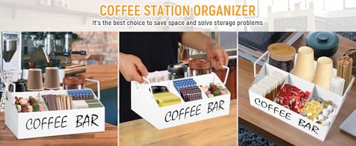 Image of Coffee Station Organizer for Countertop,5Compartments Coffee Bar Accessories and Organizer with handles,Black Coffee and Tea Condiment Organizer,White Coffee Bar Deco