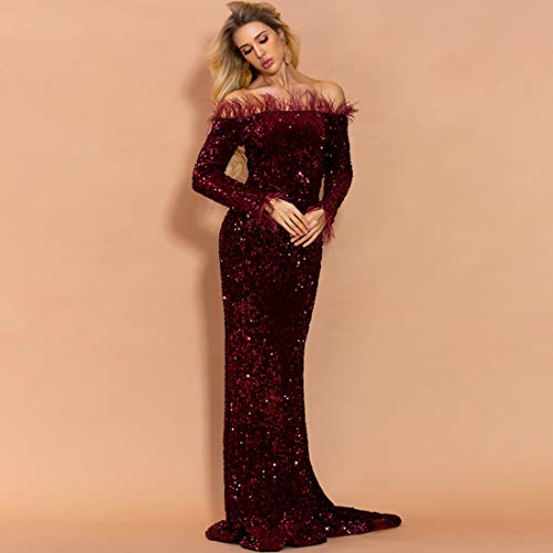 Women Strapless Off Shoulder Long Sleeve Backless Floor Length Feather Sequin Wedding Evening Party Maxi Dress4