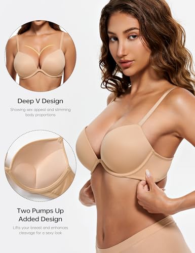 Image of Wingslove Women's Push Up Bra Deep V Plunge Underwire T-Shirt Bra Multiway 2 Cups Up