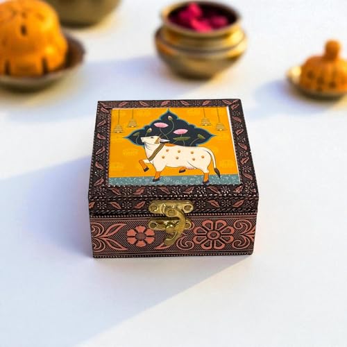 Image of Handcrafted Wooden Jewellery Box Copper Metal Finish (4 x 4 inch) Pack of 2 | Oxidized Pichwai Cow Design | Decorative Organizer | Storage Box for Women Puja Festive Gifting | Marigold Gold