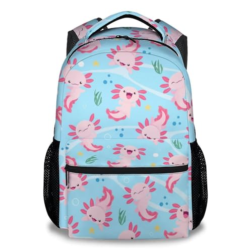 Axolotl Backpack for Girls, 17 Inch Blue Backpacks for Middle School, Cartoon Lightweight Durable Bookbag for Teens